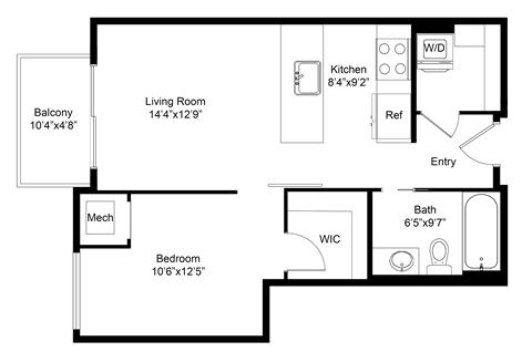 Floor plan for 1 bed, 1 bath, 588 sqft